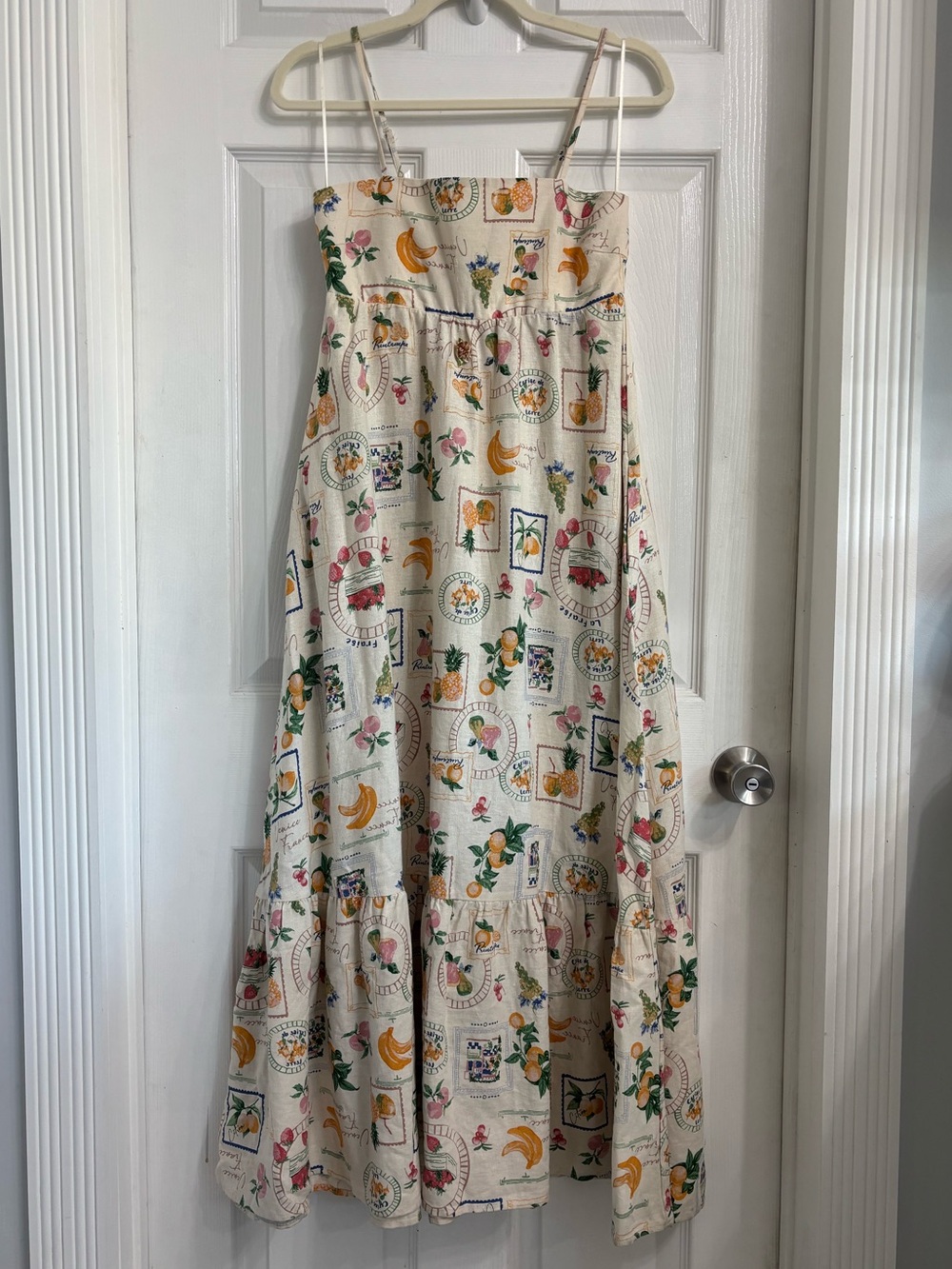Rachel Zoe Cream Maxi Tiered Sun Dress  with Summer Fruit Print XS Linen Blend